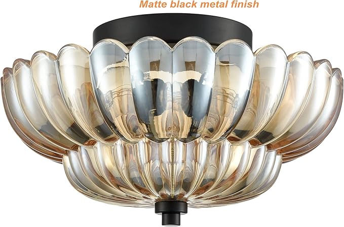 HYDELITE Modern Black Flush Mount Ceiling Light 3-Light Close to Ceiling Light Fixtures with Scalloped Amber Glass Shade for Living Room Entryway