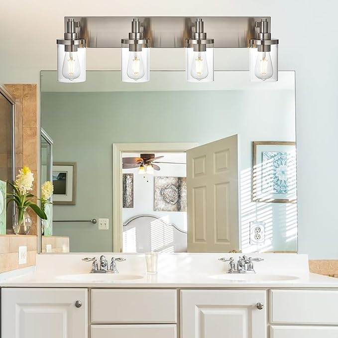 4-Light Bathroom Lighting Modern Brushed Nickel Vanity Light Fixture Over Mirror,E26 Base Industrial Wall Lamp with Clear Glass Shade Wall Sconce for Bathroom,Hallway, Makeup Dressing Table