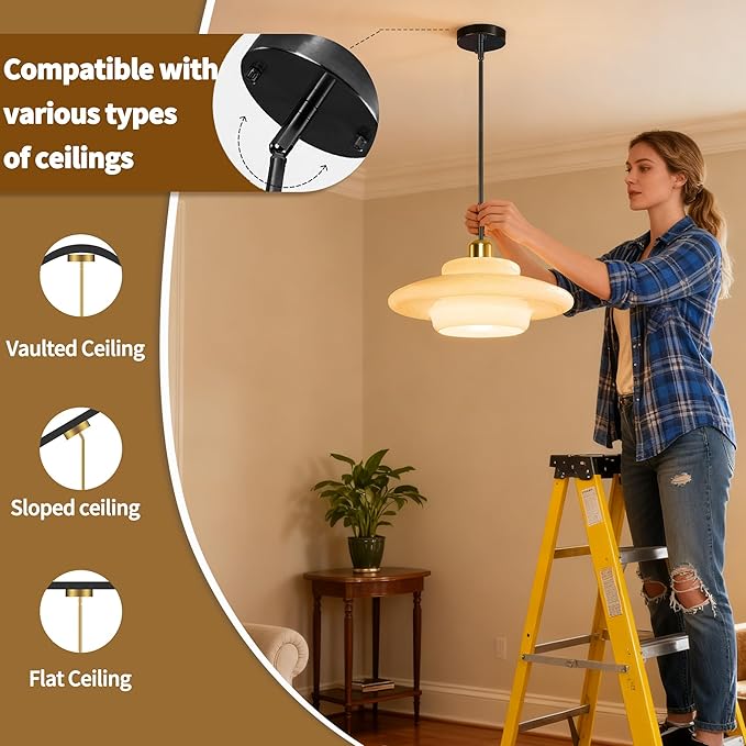 Pendant Lights Kitchen Island: Mid-Century Modern Hanging Light Fixture Entryway - Glass Pendant Lamp Dining Room (Black Rod)