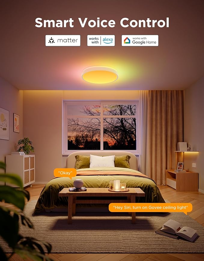 Govee Smart Ceiling Light 4300LM, RGBIC LED Ceiling Light Fixture Works with Matter, Flush Mount Light Fixture, DIY Colors, 2700K-6500K Dimmable for Bedroom, Living Room, 15 Inch, 1 Pack