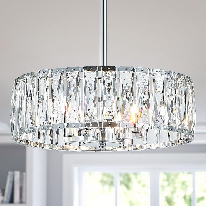 K9 Crystal Chandeliers, 4-Light Modern Pendant Light Fixture for Living Room, Dinning Room, D15 × H9~47inch(Adjustable Height), Chrome Finish Frame & K9 Crystal