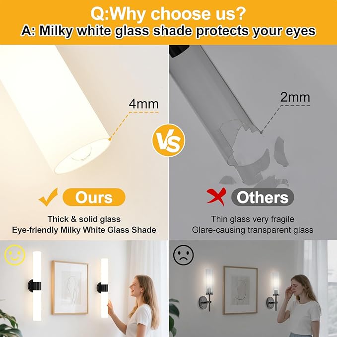 Wall Sconces Set of Two, Modern Bathroom Sconces Wall Lighting with Milky White Glass, Matte Black Sconces Wall Decor Set of 2 for Bathroom Mirror Bedroom Living Room Hallway