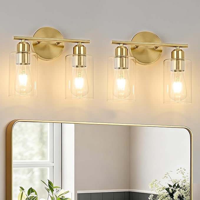 2Light Modern Vanity Lights - Gold, Clear Glass Shade, Wall Sconce for Bathroom & Bedroom, 2 Pack