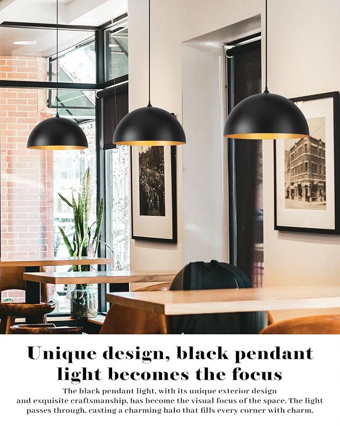 Black Pendant Lights Kitchen Island, 16 Inch Black and Gold Dome Pendant Light, Modern Farmhouse Pendant Light for Kitchen Island, Dining Room, Cafe, Bar, 2 Pack