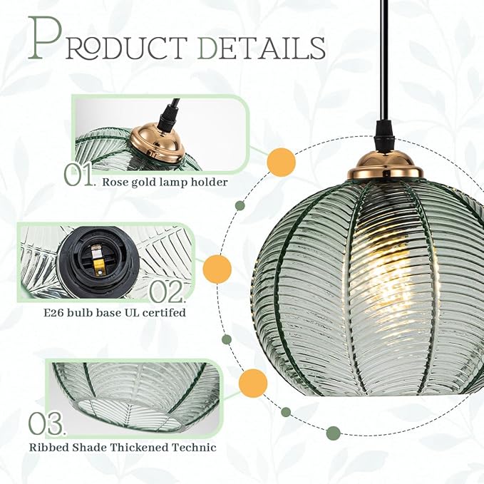 Plug in Hanging lamp 2 Pack,14.75ft Hanging Light with Plug in Cord Hand Blown Green Glass Pendant Lamp Globe Pendant Light Plug in Pendant Light for Kitchen Bedroom Living Dining Room