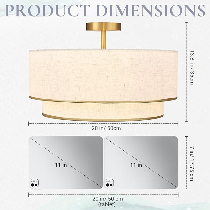 Hamilyeah 20 Inch Semi Flush Mount Ceiling Light, Dual Drum Fabric Shade Light Fixture with Gold Metal Trim, Modern Farmhouse Ceiling Light for Bedroom, Living Room, Dining Room, Hallway