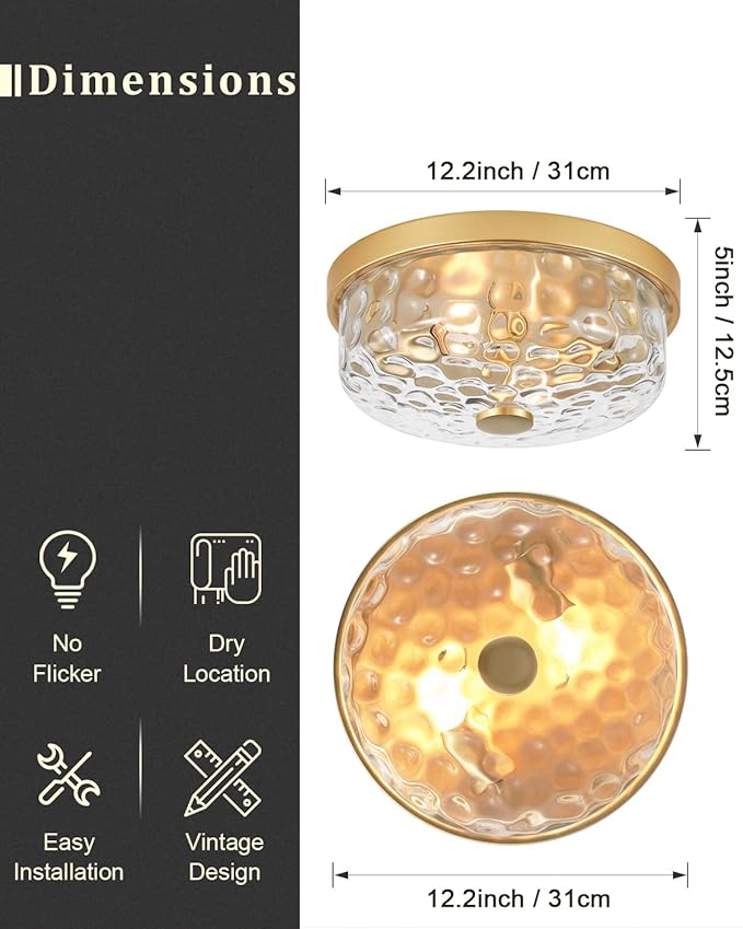12 Inch Farmhouse Flush Mount Ceiling Light, 2 Light Industrial Close to Ceiling Light, Industrial Ceiling Lighting Fixture for Kitchen Hallway Bedroom Living Room (12.2 Inch Gold)