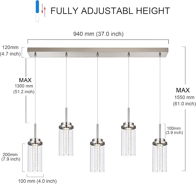 MELUCEE 5-Lights Led Chandelier, Kitchen Island Lighting Brushed Nickel Linear Chandelier with Clear Glass Shade, Large Pendant Lighting for Dining Room Over Table, 3000K-6000K Adjustable, 25W