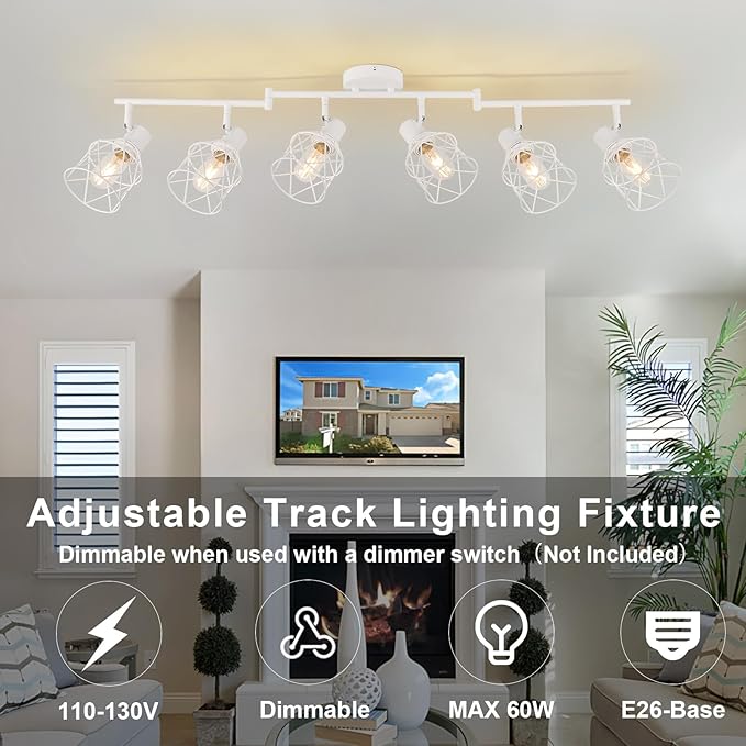 WILON Track Lighting Fixtures, 6 Light Kit Flush Mount Ceiling Spotlight, White Kitchen Light, Flexibly Rotatable Head, E26 Base