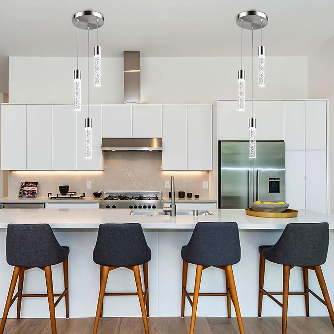 Pendant Lights Kitchen Island, Modern Kitchen Island Lights, Ceiling Lighting Fixtures with Crystal Bubble, Integrated LED Hanging Light Nickel 1 Pack(3-Light)