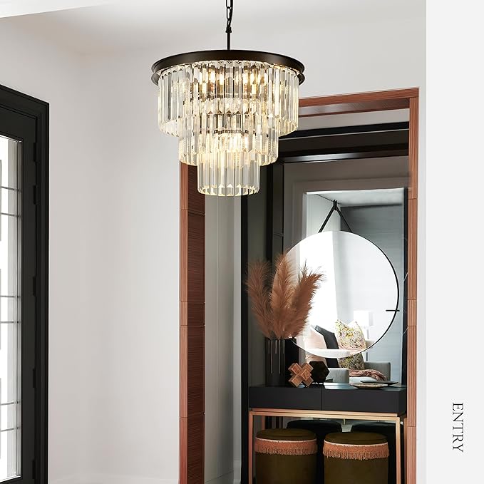 8-Light Black Crystal Pendant Light, 3-Tier 17.76" Luxury Crystal Pendant Light Perfect for Dining Room, Bedroom, Kitchen, Living Room
