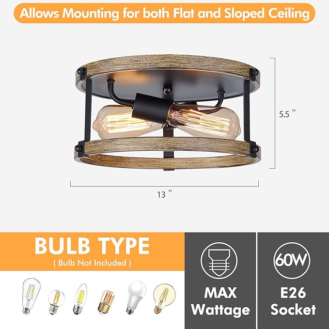 Farmhouse Flush Mount Ceiling Light Fixture, 12.5 Inch 2-Light Rustic Ceiling Mount Light Fixtures, Round Drum Brown Wood Finish Flush Mount Lights for Kitchen Bedroom Hallway Dining Room