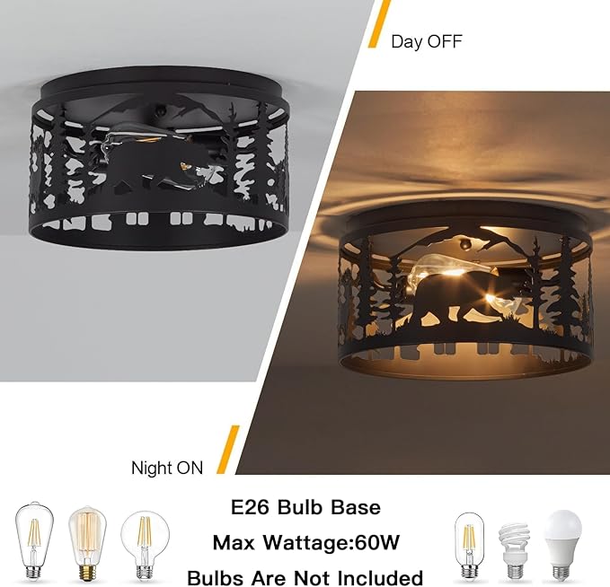 Rustic Flush Mount Ceiling Light - 2-Light Metal Fixture with Deer & Bear Design, Farmhouse Ceiling Lamp for Kitchen, Bedroom, Foyer, and Entryway - Compatible with E26 Bulbs