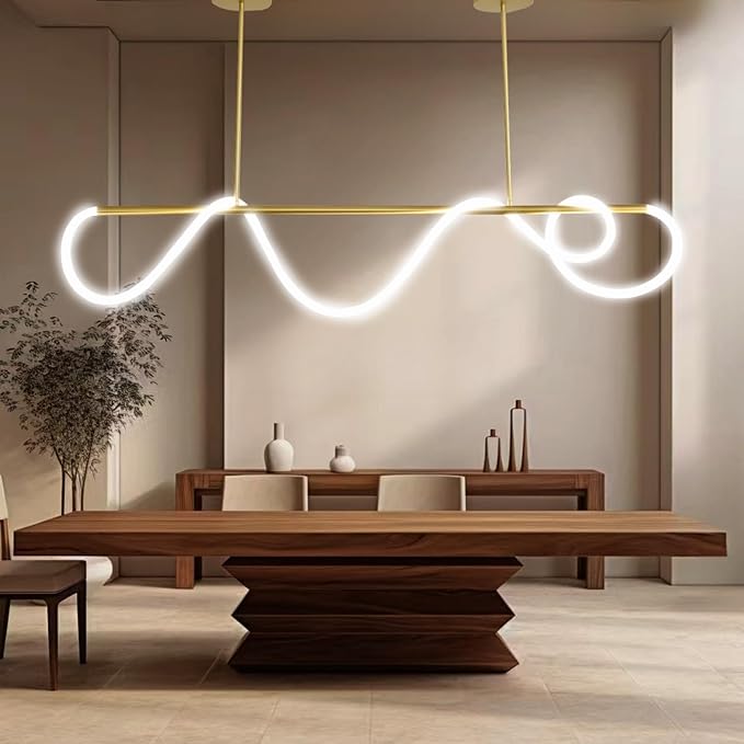47" Pendant Lights Kitchen Island, 21W LED Dimmable Chandelier with Remote Control, Aluminum Linear Hanging Light Fixture for Dining Room Kitchen Island Bar (Gold, 47 in)