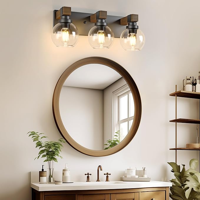 Farmhouse Bathroom Vanity Light Fixtures, 3-Light Wood Bathroom Light Fixtures Over Mirror, Rustic Vanity Lighting with Glass Shade for Living Room, Bedroom, Hallway