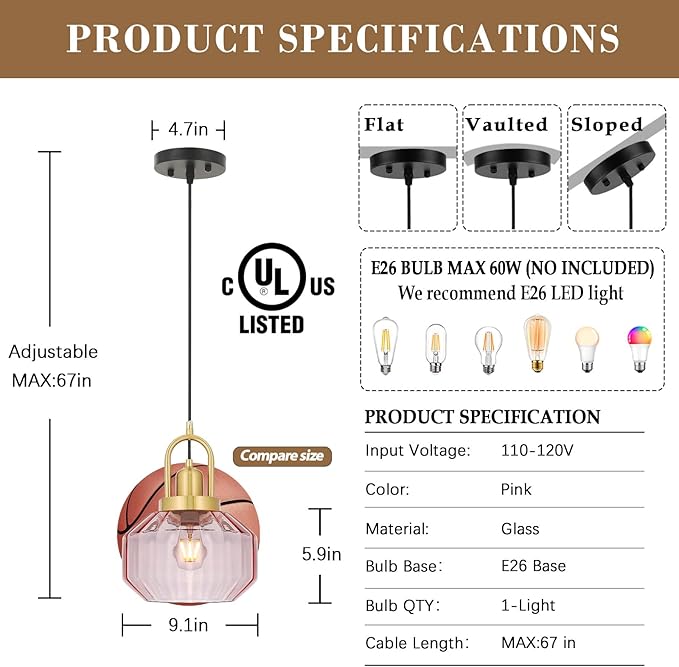 9in Mid Century Modern Pink Glass Pendant Light Fixture, Small Gold Kitchen Island Pendants Light Glass Ceiling Hanging Lamp for Foyer Dining Room Bedroom Entryway Hallway Over Sink