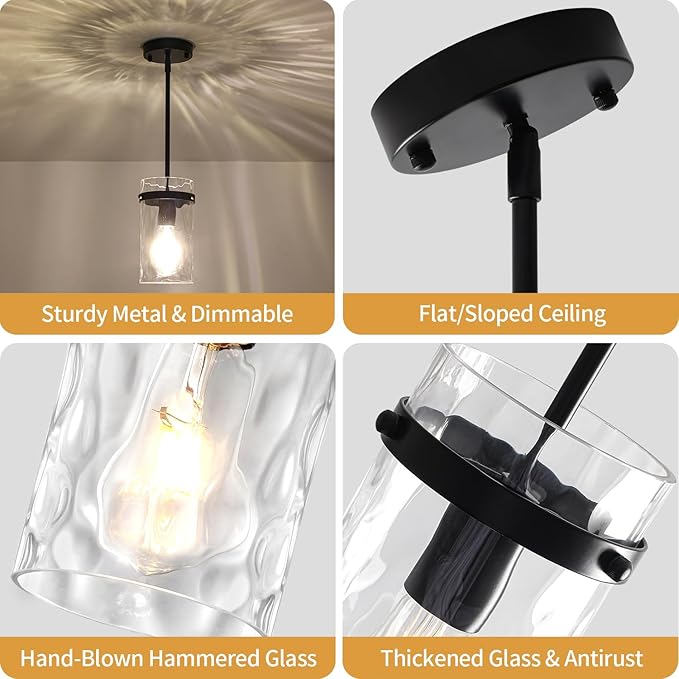 Modern Black Pendant Lights Kitchen Island, Hammered Glass Kitchen Pendant Lighting Over Island Adjustable Hanging Hallway Light Fixtures Mini Chandelier for Dining Room Bathroom Entryway