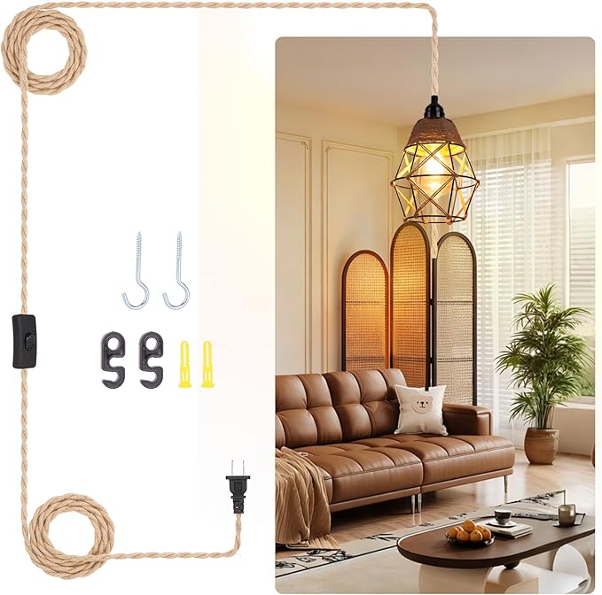 Industrial 15ft Pendant Lights - Hanging Light Kit with Switch Plug in Vintage Fabric Lamp with Twisted Hemp Rope Pendant Lights Socket E26 E27 for Pendant Lamp (Hemp Rope Brown, 7-Fishnet Shade)