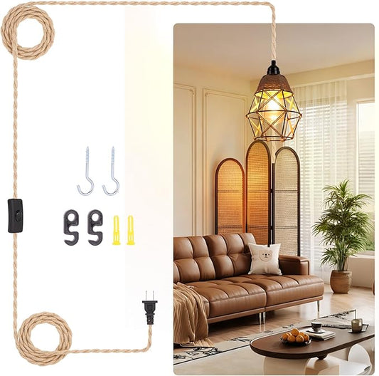 Industrial 15ft Pendant Lights - Hanging Light Kit with Switch Plug in Vintage Fabric Lamp with Twisted Hemp Rope Pendant Lights Socket E26 E27 for Pendant Lamp (Hemp Rope Brown, 7-Fishnet Shade)