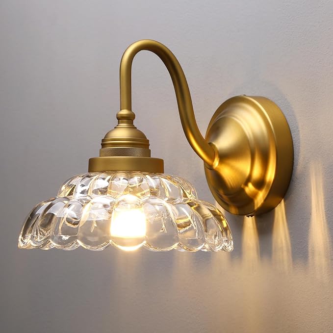 PERMO Vintage Gold Wall Sconce with Clrar Lotus Glass Shade Hardwired Bathroom Vanity Light for Mirror, Bedroom & Hallway