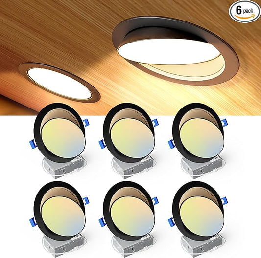 Ensenior 6 Pack 6 inch LED Eyeball Recessed Lighting, 360°+90° Rotatable and 2700K-5000K Selectable, CRI90+, Dimmable Gimbal Recessed Lights, 1300LM, 12W=115W-FCC, Black
