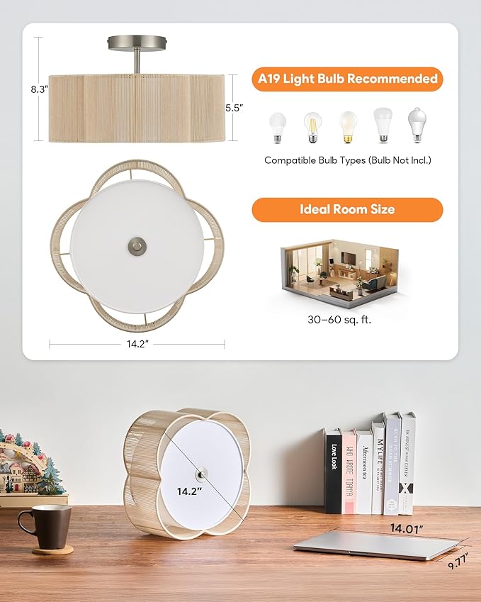 VONLUCE Semi-Flush Mount Boho Ceiling Light, 14" 4-Light Rattan Ceiling Light Fixture with 2 Tier Rattan Fabric Clover Shade, Lighting for Bedroom Dining Living Room, Nickel Finish, ETL Certificated