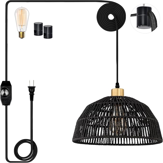 Cinkeda Plug in Pendant Light, Hanging Lights with 15ft Cotton Cord & Stepless Dimming Switch, Handwoven Hemp Rope Lampshade, Black Rattan Lamp for Dining Room,Hallway