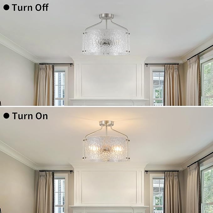 Semi Flush Mount Ceiling Light Fixture Glass Drum Chandelier Entryway Light Fixture 16''Brushed Nickel Flush Mount Ceiling Lights 3-Light Foyer lighting fixtures for Living Room Hallway Bedroom