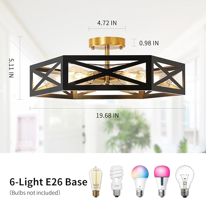 6-Light Semi Flush Mount Ceiling Light, Large Black and Gold Fixtures Ceiling Mount with Hexagon Cage, Metal Industrial Close to Ceiling Light for Hallway, Kitchen, Bedroom (19.68''L)
