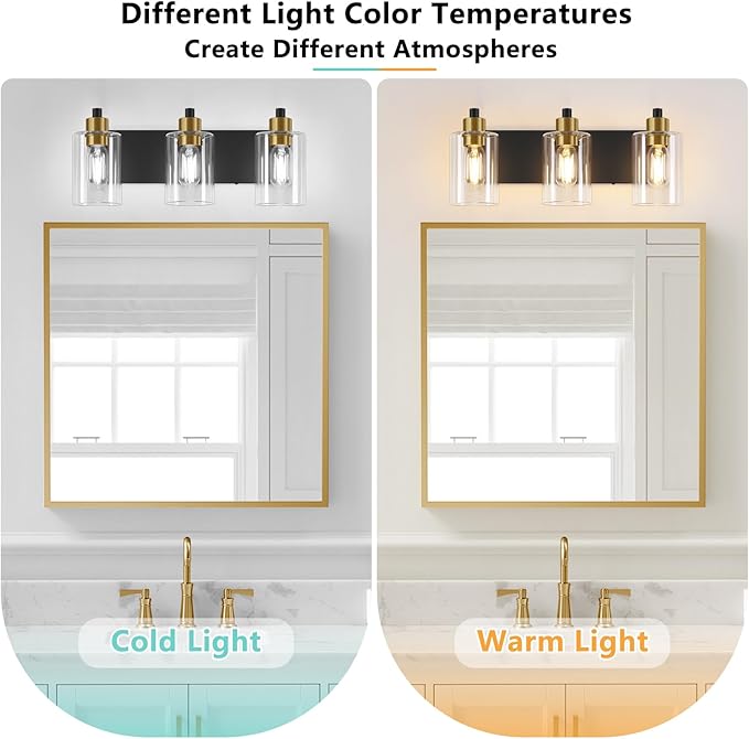 Dpyrrhic Bathroom Light Fixtures,Matte Black and Gold 3-Light Bathroom Lights with Clear Glass Shade,Modern Wall Sconces Over Mirror for Bathroom, Black&Gold, JD-188