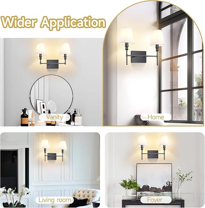 Bathroom Vanity Light,Vintage Bathroom Lighting Fixture Over Mirror,2-Light Black Vanity Light,Double Wall Sconce With Flared White Fabric Lampshade For Bedroom,Living Room,Hardwired, E12 Base