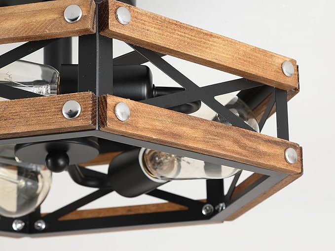 3-Light Rustic Farmhouse Wood Flush Mount Ceiling Light Fixture Oak Wood and Metal Cage Semi Flush Mount Ceiling Light for Hallway Hall Entry Bedroom Kitchen Farmhouse, Black