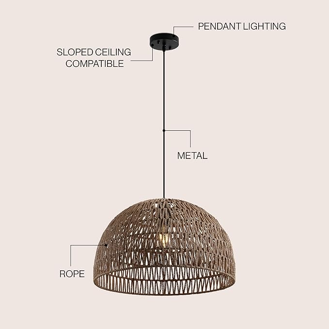 JONATHAN Y 20" Brown Modern Bohemian Woven Rope LED Pendant Light Fixture, Adjustable Dome Ceiling Lamp for Kitchen Island, Rope Shade, Coastal Farmhouse Decor (JYL6504F)