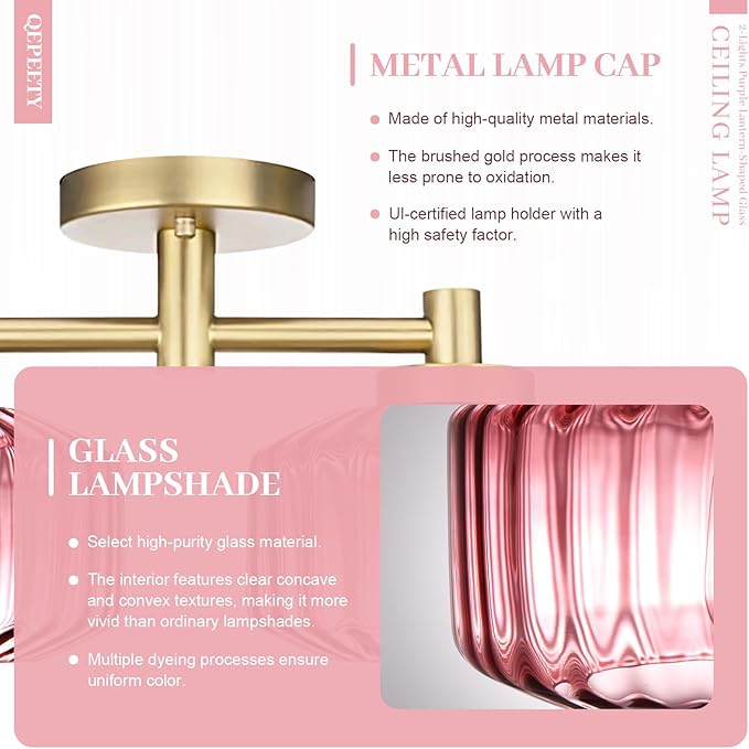 2-Light Purple Flush Mount Ceiling Light Fixture, Modern Close to Ceiling Chandelier, Overhead Lighting for Bedroom, Hallway, Entryway, Living Room, Easy to Install
