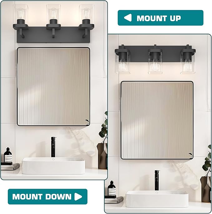 Bathroom Lighting Fixtures Over Mirror, Square Design & Rectangle Large Backplate, 3 Lights Morden Vanity Lighting Fixtures, Bathroom Light Fixtures for Bathroom/Living Room/Bedroom, Black