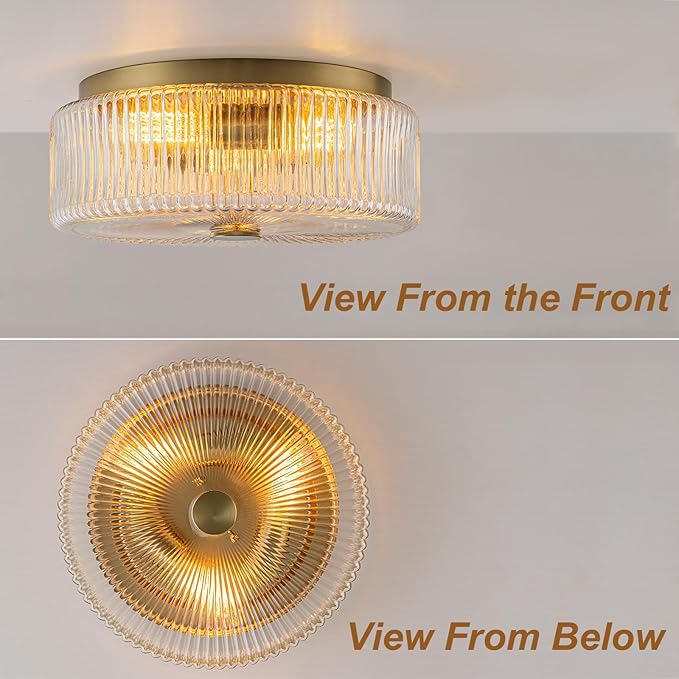 13.9 Inch Gold Flush Mount Ceiling Light,Mid-Century Modern 3 Light Ceiling Light Fixture with Clear Striped Glass Shades,for Bedroom,Kitchen,Hallway,Entryway