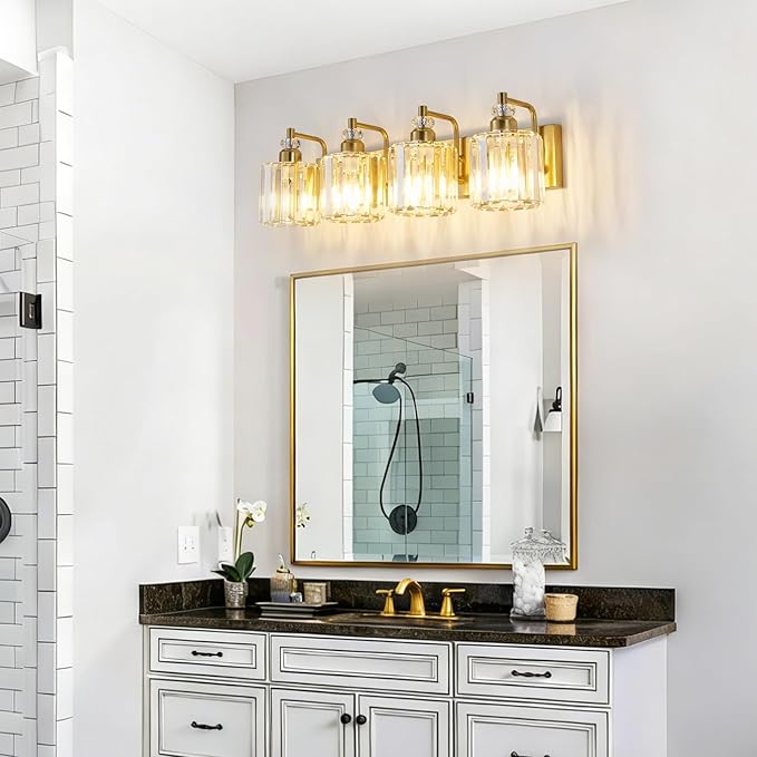 4-Light Brushed Brass Bathroom Light Fixtures Modern Vanity Lights Over Mirror Gold Bathroom Vanity Lighting with Crystal Shade E26 Base Wall Sconce for Bedroom Living Room Restroom Wall Lamp