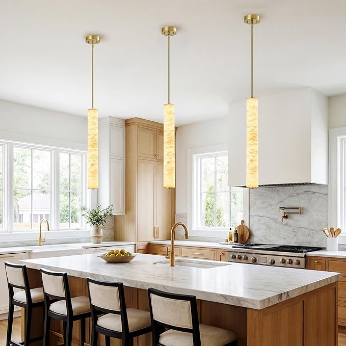 LMQNINE Natural Alabaster Pendant Lights White Marble 24" Long Tube Adjustable Boom Chandelier Modern 3000K Gold Ceiling Light for Kitchen Island Bedroom Dining Room Living Room Hallway(M-2Pack)