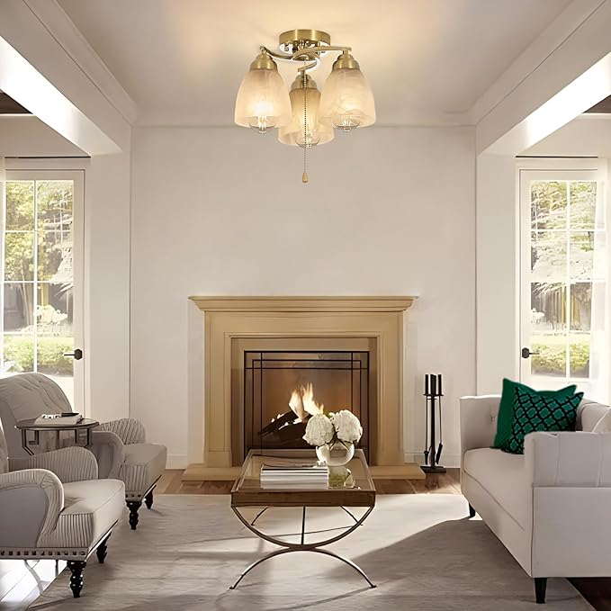3-Light Flush Mount Ceiling Light with Pull Chain, Modern Golden Lighting Fixtures with Alabaster Glass for Kitchen Island Dining Room Bedroom Farmhouse Foyer Hallway