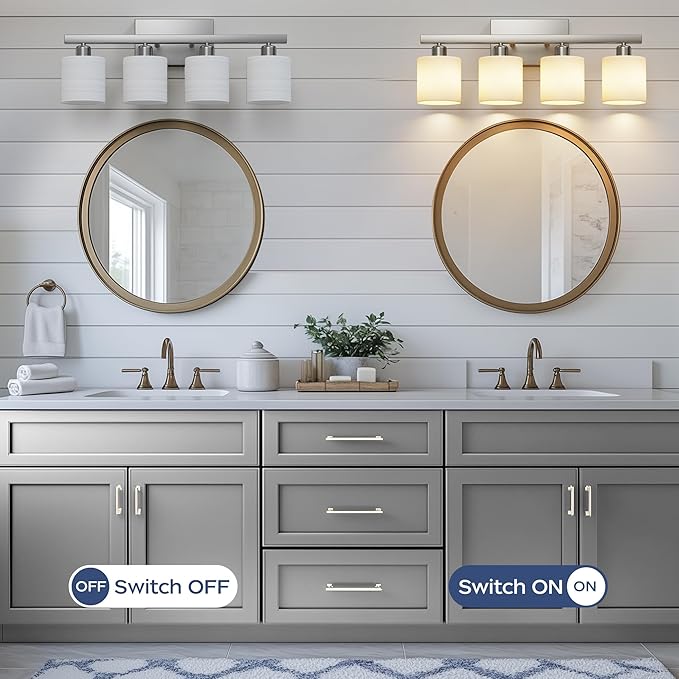 PARTPHONER Bathroom Light Fixtures, Bathroom Lighting Fixtures Over Mirror, Classic Vanity Lights, Modern Vanity Light with Textured Frosted Opal White Glass Shades, Brushed Nickel, 4-Light