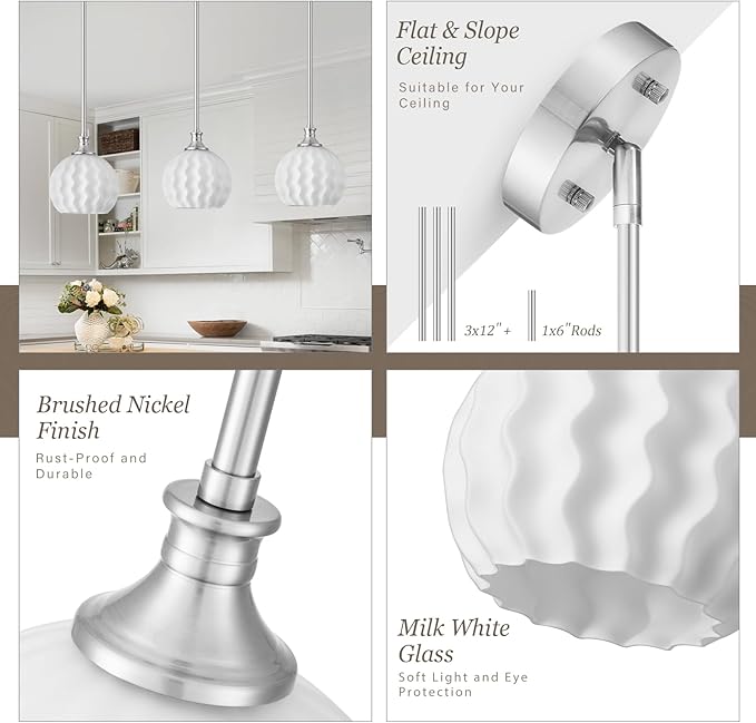 Brushed Nickel Pendant Lights Kitchen Island 2 Pack, 7.3" Modern Farmhouse Milk Glass Globe Light Fixtures with Adjustable Rods, Hanging Ceiling Lighting for Sink, Hallway (E26 Base)