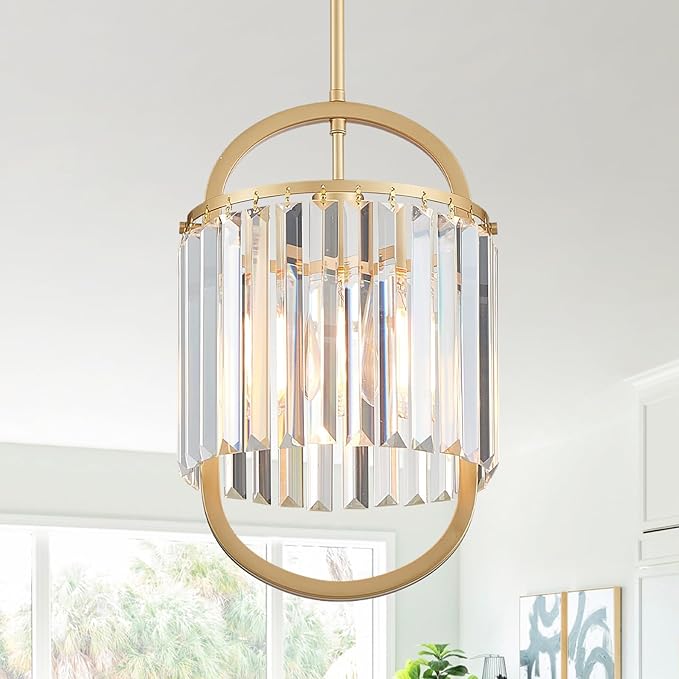 1-Light Modern Small Crystal Chandelier, Mini Gold Pendant Lighting 9.4" Crystal Lamp for Closet Bedroom Foyer Living Room Dining Room Bar