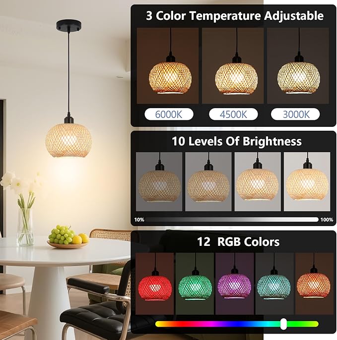 Boho Pendant Light Battery Operated,Rechargeable Woven Pendant Light with Remote,Rattan Pendant Light Fixtures for Kitchen Island,Wicker Hanging Lights for Dining Room Bedroom Hallway Entryway.