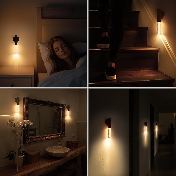Motion Sensor Night Lights Indoor, Rechargeable Night Lights Wall Sconces Wooden Set of 3, Battery Powered Magnetic Wall Sconces Decor for Bedroom, Hallway, Bathroom, Stairway, Closet（Walnut Wood）