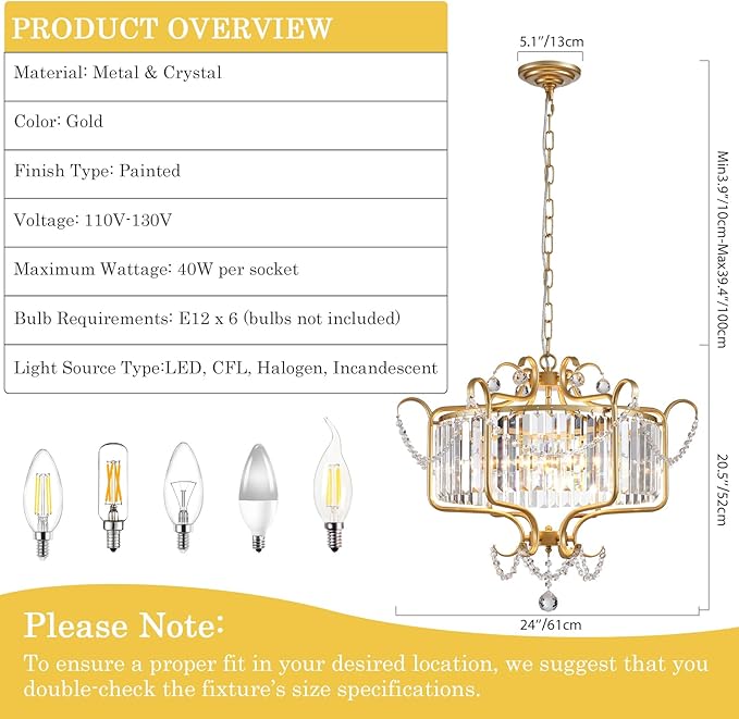 Crystal Gold Chandeliers for Dining Room Modern Farmhouse Chandelier 6-Light Adjustable Height Hanging Light Fixtures, 24" Round Living Room Hallway Kitchen Bedroom Foyer Ceiling Lamp
