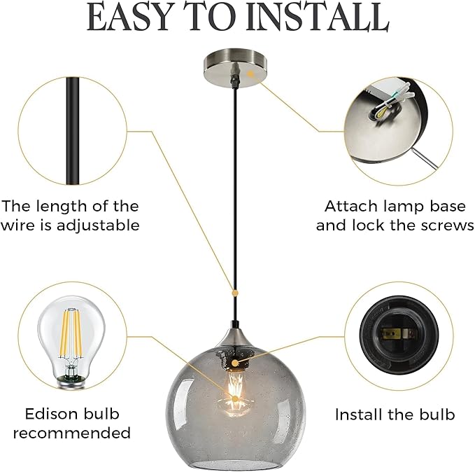 9.1in Large Light Gray Glass Pendant Light for Kitchen Island, 2-Pack with Extra LED Bulbs & 4.92ft Adjustable Cord | Modern Minimalist Lighting for Dining Room, Living Room, Entryway