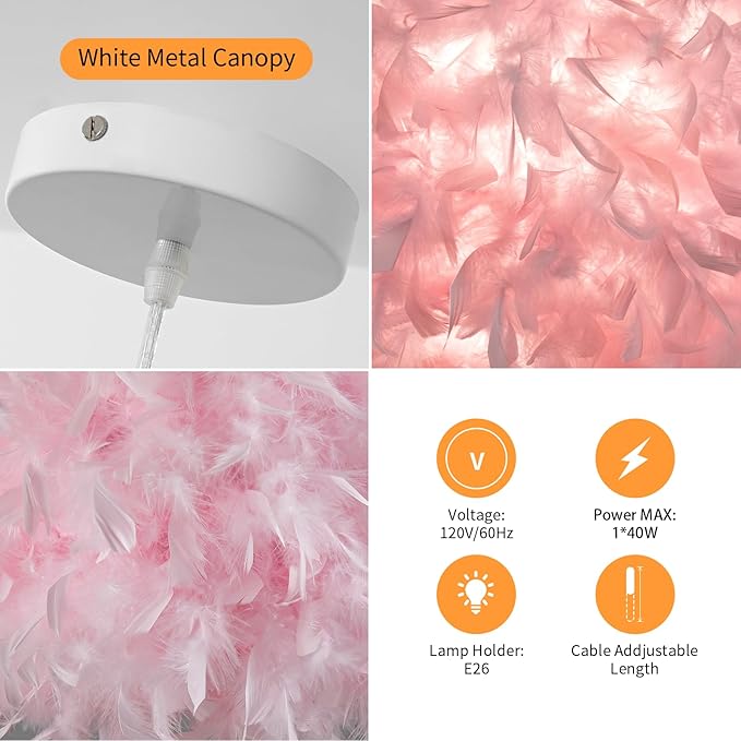 NZV 15.8in Pink Pendant Light Fixture Pink Feather Chandelier for Bedroom Feathers Lights Fixture Girls Room Romantic Hanging Ceiling Lighting for Kitchen Island Dining Room Foyer Hallway
