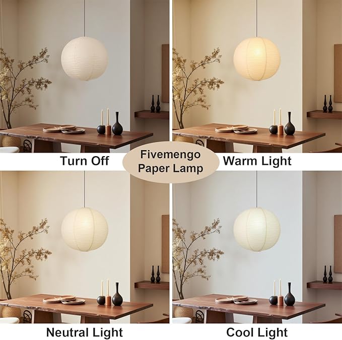 Paper Lantern Lamp Plug in Hanging Lamp, 20in Off-White Rice Paper Pendant Light with 19.7FT Cord Large Globe Japanese Japandi Wabi Sabi Chandelier for Dining Living Room Bedroom 1 Pack