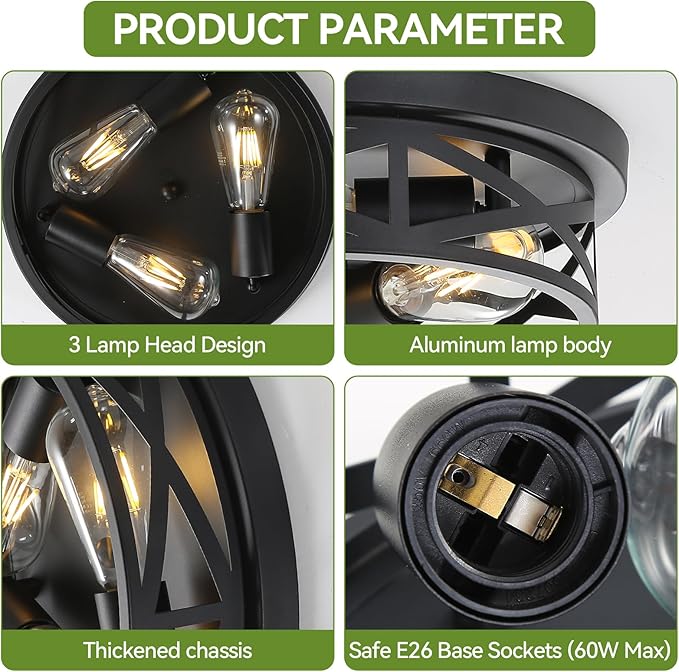 13 inch Black Flush Mount Ceiling Light Fixtures,3-Light Modern Hallway Light Fixtures Ceiling, Black Lights Fixture Ceiling Mount for Farmhouse,Kitchen, Bedroom (1 Pack)