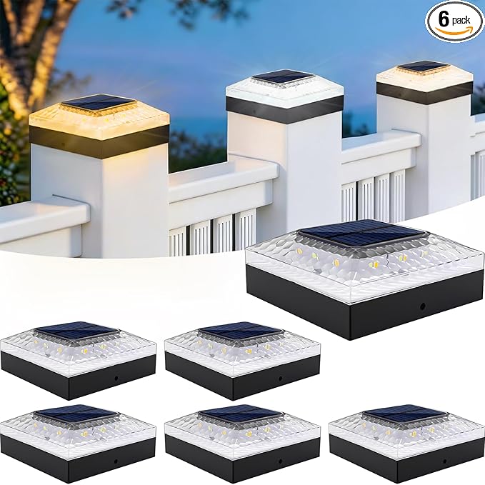 4x4 Post Solar Lights, 3 Colors Fence Light Solar Powered, 2 Brightness Solar Post Cap Lights Waterproof for Wood/Vinyl Posts, Garden, Patio, Deck, Hammered Light, 6 Pack